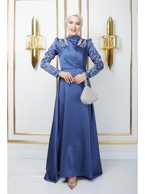Önü Kolları Pul Ve Taş Detaylı Saten Abiye Elbise K. İndigo Önü Kolları Pul Ve Taş Detaylı Saten Abiye Elbise K. İndigo