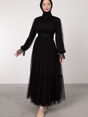 Boydan Tül Kat Fırfırlı Elbise Siyah Boydan Tül Kat Fırfırlı Elbise Siyah