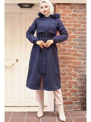 Lacivert İçi Peluşlu Yakası Kürklü Bondit Mont