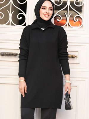 Fitilli Siyah Triko Tunik Kazak