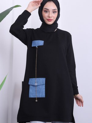 Siyah Kot Detaylı Bisiklet Yaka İki İplik Tunik Siyah Kot Detaylı Bisiklet Yaka İki İplik Tunik