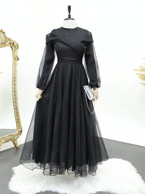 Kolu Bağcıklı Hakim Yaka Simli Tül Abiye Elbise Kolu Bağcıklı Hakim Yaka Simli Tül Abiye Elbise