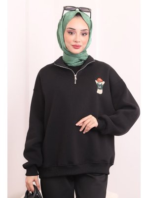 Siyah Yaka Fermuarlı Şardonlu Üç İplik Sweat Siyah Yaka Fermuarlı Şardonlu Üç İplik Sweat