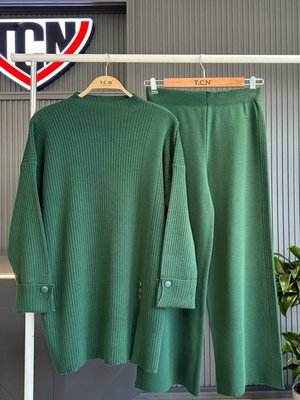 Yeşil Standart Triko Fitilli Düğme Detalı İkili Tunik Pantolon Takım