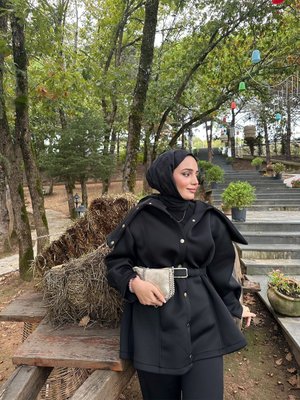 Siyah Scuba Kumaş Kemerli İkili Takım