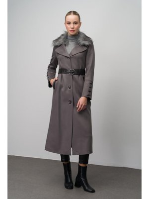 Gri Yakası Çıkabilir Kürklü Deri Kemer Ve Birit Detaylı Gabardin Süet Görünümlü Kap