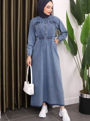 Mavi Yaka Düğmeli Bel Lastikli Kot Elbise Mavi Yaka Düğmeli Bel Lastikli Kot Elbise