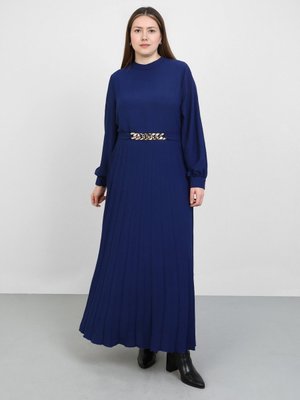 Büyük Beden Plise Detaylı Kemerli Aerobin Elbise Lacivert