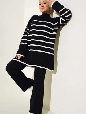 Kalın Kışlık Yatay Çizgili Salaş İkili Triko Takım