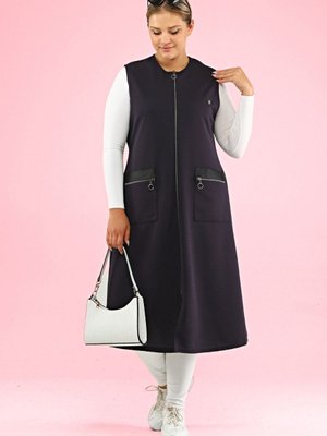 Kadin Uzun Kolsuz Fermuarli Yelek Deri Cepli Ottoman Lacivert