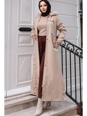 Bej İçi Peluşlu Yakası Kürklü Uzun Bondit Mont