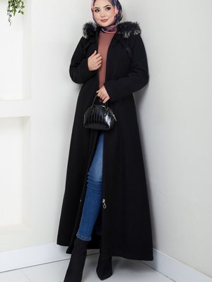 Önden Fermuarlı Kaşe Kaban M Siyah