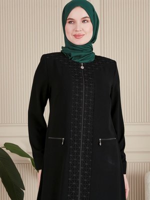 Lamine Dantelli Fermuar Kenarı Ve Omuz Detaylı Maypoul Kumaş Fermuarlı Battal Ferace