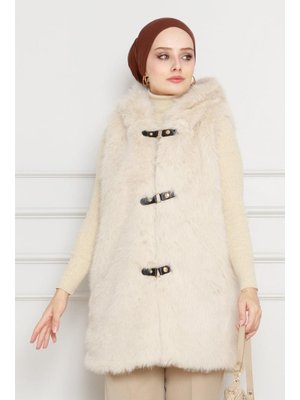 Bej Kapüşonlu Peluş Kürk Yelek Bej Kapüşonlu Peluş Kürk Yelek