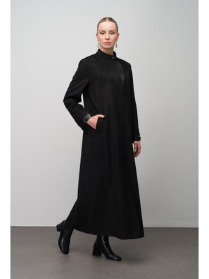 Siyah Deri Garnili Büyük Beden Süet Görünümlü Pardesü