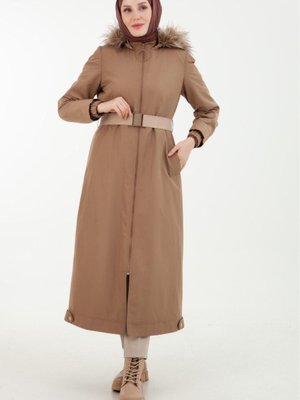 Armine Trend Kilitli Kuşaklı Kap Kürk Şapkalı Vizon Renk Sonbahar Sezon