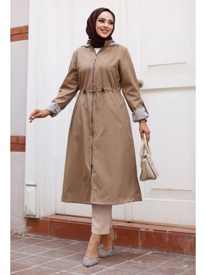 Vizon Fermuarlı Astarı Çizgili Trençkot