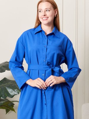 Saks Rengi Kuşak Detaylı Düz Kesim Giyim Elbise