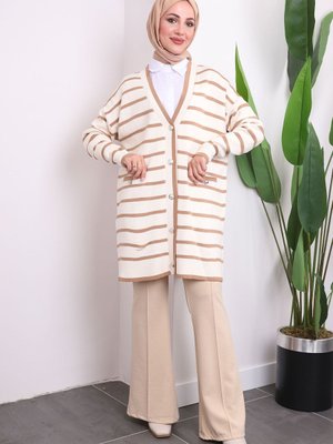 Krem/vizon Düğmeli Çizgili Uzun Triko Hırka