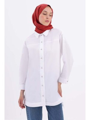 Beyaz Roba Ve Dikiş Detaylı Gömlek Tunik