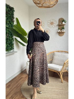 Leopar Desenli Kloş Krep Etek Leopar Desenli Kloş Krep Etek