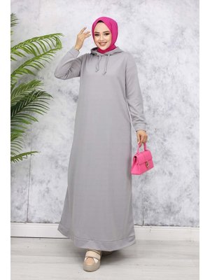 Gri Kapüşonlu Basic Elbise