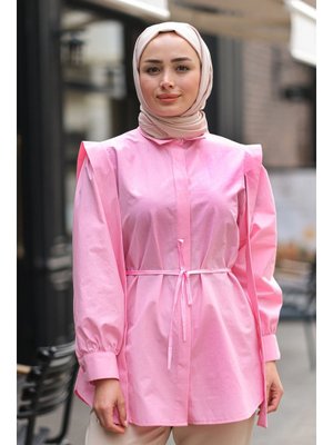 Pembe Pile Detay Önü Gizli Düğmeli Gömlek Pembe Pile Detay Önü Gizli Düğmeli Gömlek