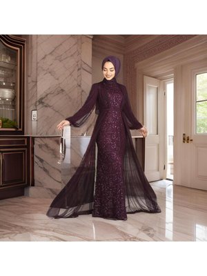 Pul Payetli Kemerli Şifon Detaylı Abiye Elbise