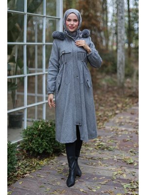 Gri Tünel Detaylı Kaşe Kaban