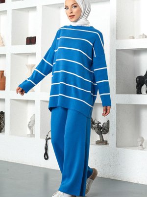 Çizgili Triko Takım Mavi