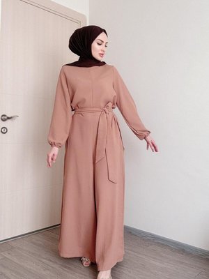 Shawl Kadın Bej Kuşaklı Salaş Kesim Tesettür Tulum