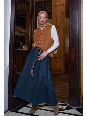 Koyu Mavi Cepli Patletli Denim Etek