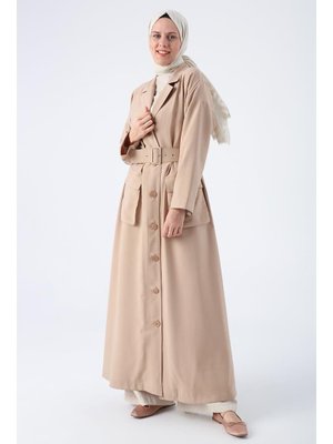 Kemerli Ceket Yakalı Düğmeli Ferace Sütlü