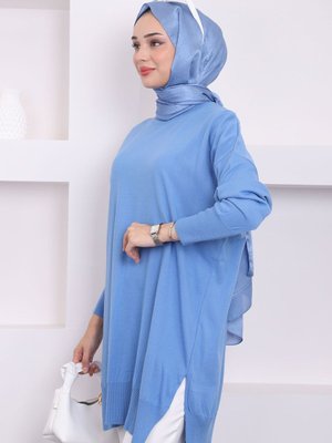 İndigo Bisiklet Yaka İnce Merserize Salaş Triko Tunik İndigo Bisiklet Yaka İnce Merserize Salaş Triko Tunik