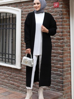 Oversize Petek Örgü Detaylı Kolu Lastikli Trend Uzun Triko Hırka