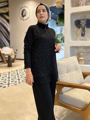 Taşlı Eşofman Takımı Siyah