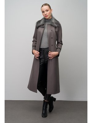 Gri Yakası Çıkabilir Kürklü Deri Ve İşleme Detaylı Gabardin Süet Görünümlü Kap