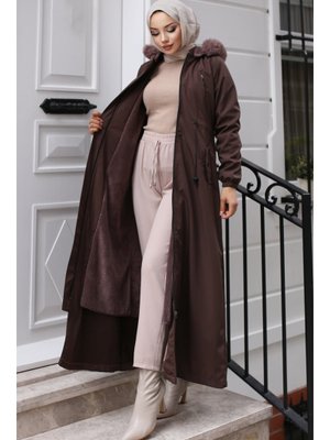 Kahverengi İçi Peluşlu Yakası Kürklü Uzun Bondit Mont