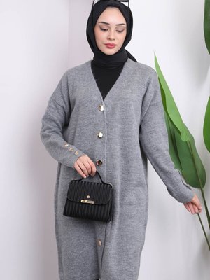 Gri Düğmeli Uzun Şardonlu Triko Hırka