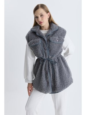 Gri Bery Deri Detay Peluş Yelek