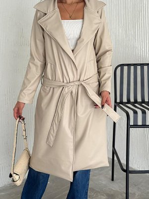 Kremrengi Astarlı Ve Kuşaklı Suni Deri Trençkot Kremrengi Astarlı Ve Kuşaklı Suni Deri Trençkot