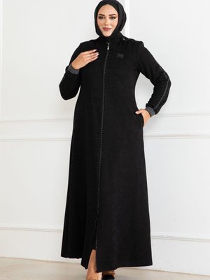 Şönil Kumaş Kapşonlu Fermuarlı Mevsimlik Ferace Siyah