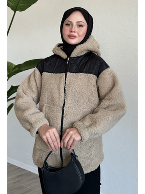 Kapitone Detay Bej Peluş Hırka