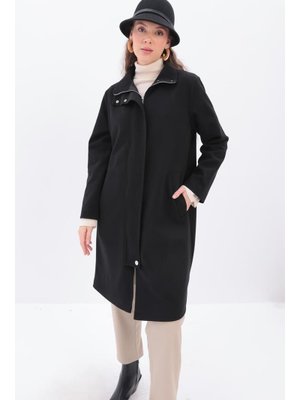 Siyah Patlı Dik Yakalı Flato Cepli Kaban