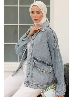 Açık Mavi Viray Taşlı Kot Ceket