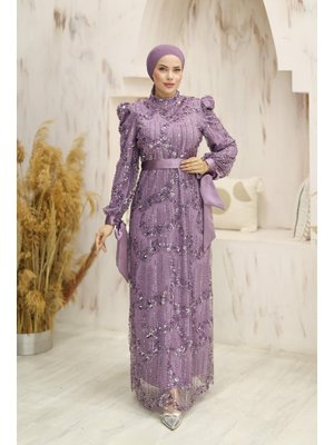 Lila Lumia Boncuklu Abiye Elbise