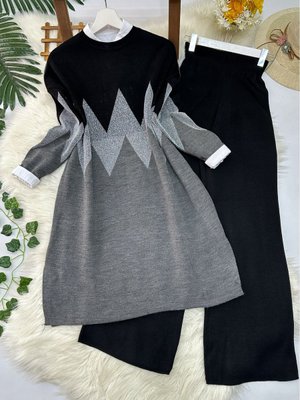 Zikzak Triko Tunik Pantolon Takım Siyah