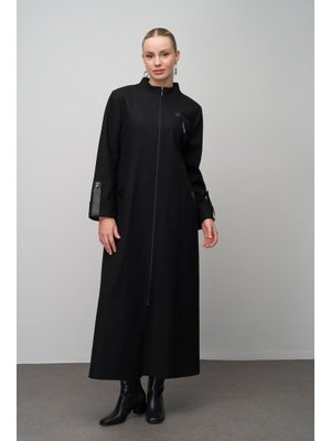 Siyah Deri Ve Aksesuar Detaylı Yün Karışımlı Büyük Beden Pardesü