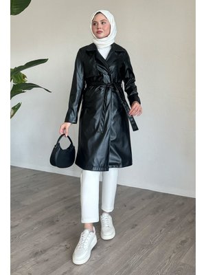 Siyah Kemerli Dar Kalıp Deri Trenç