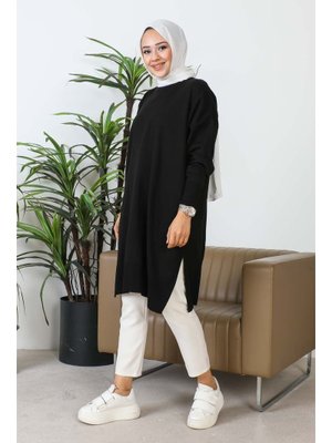 Siyah Bisiklet Yaka İnce Merserize Salaş Triko Tunik